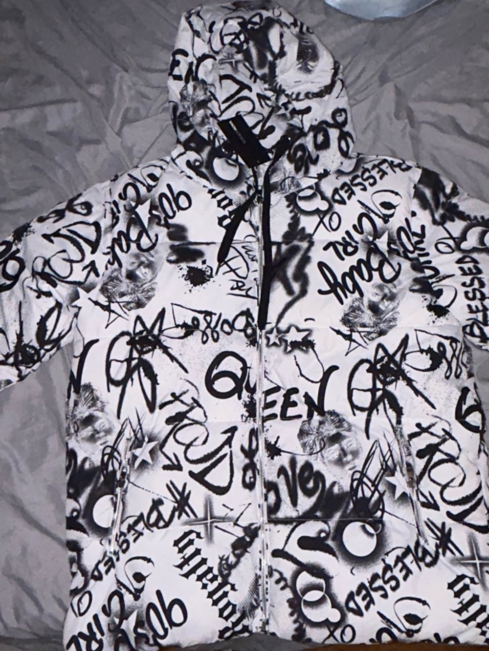 Fashion Nova White & Black Graffiti Hooded Puffer Jacket